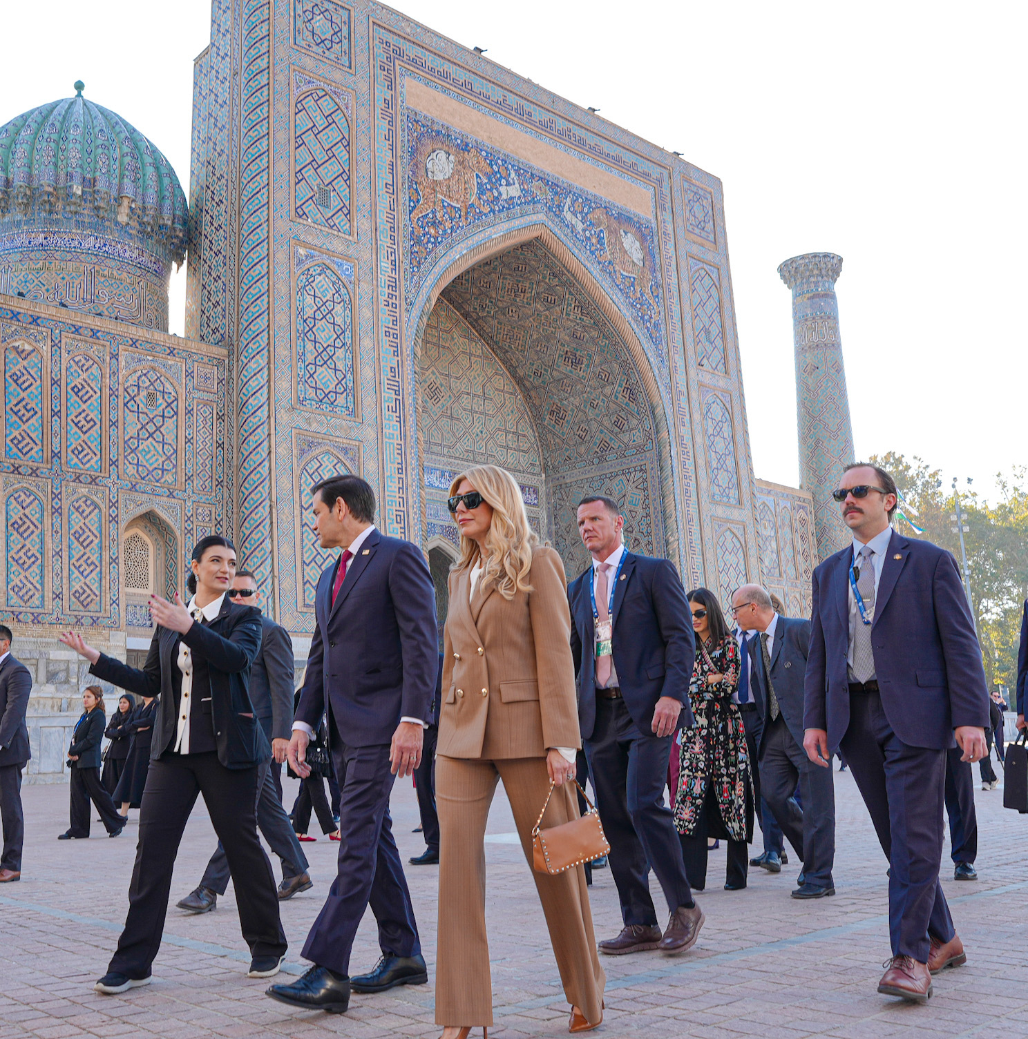 Marco and Jeanette Rubio visiting Registan Square in Samarkand with the Uzbek delegation on 19 October 2026.